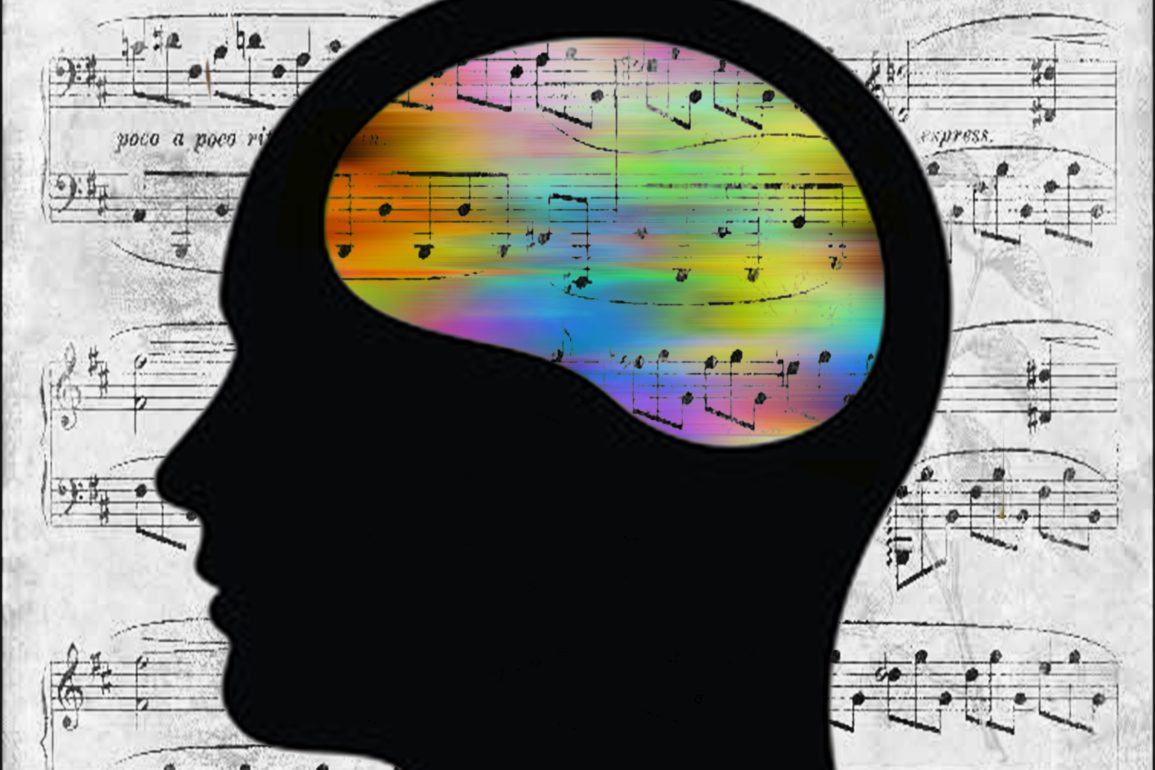 A shadow of a head with colorful music notes in the brain.