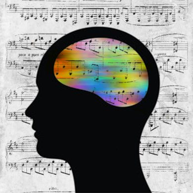 A shadow of a head with colorful music notes in the brain.