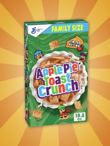 Illustration of cereal box reading "Apple Pie Toast Crunch"