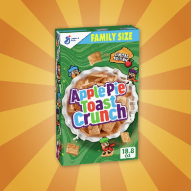 Illustration of cereal box reading "Apple Pie Toast Crunch"