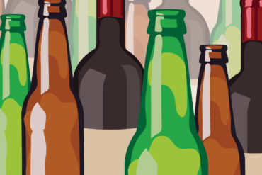 Collage of brown and green beer bottles and a wine bottle