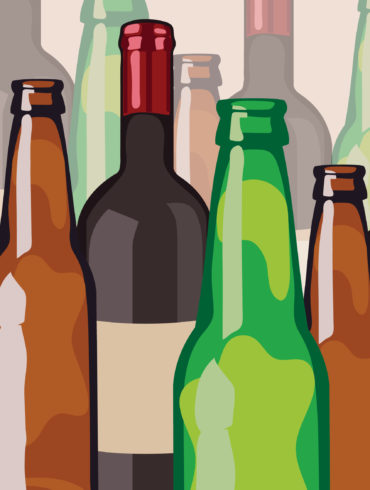 Collage of brown and green beer bottles and a wine bottle