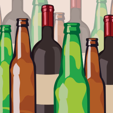 Collage of brown and green beer bottles and a wine bottle