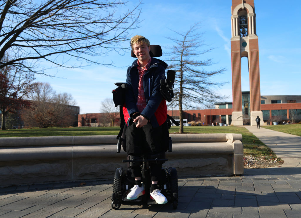 Freshman journalism major Dillon Rosenlieb poses for a photo Dec. 7, 2023 by the University Green. Rosenlieb says that standing is great exercise for him. Mya Cataline, Ball Bearings